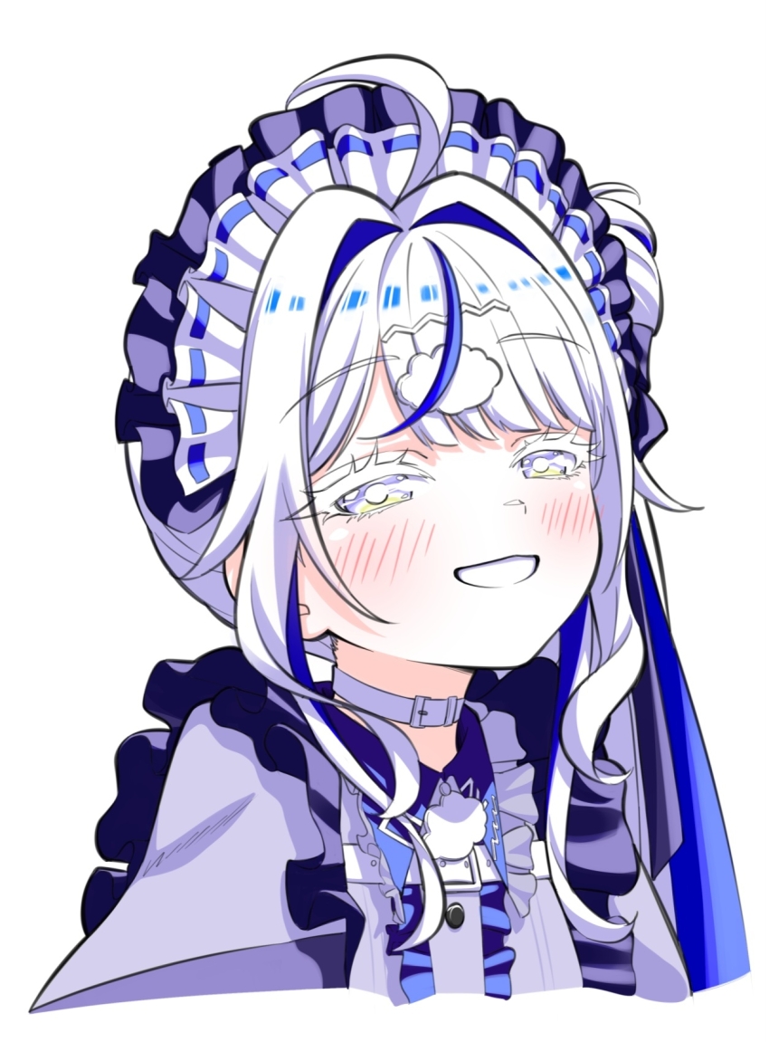 1girl ahoge aokumo_rin blue_eyes choker cloud_hair_ornament colored_eyelashes cropped_torso frills grey_shirt grin headdress highres long_hair looking_at_viewer multicolored_hair shirt shuturmouth_64 side_ponytail simple_background smile solo stellive streaked_hair virtual_youtuber white_background white_choker white_eyelashes white_hair wing_collar