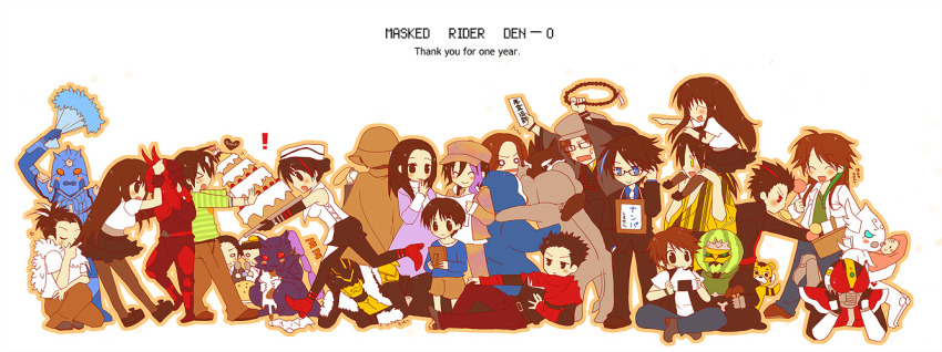 4girls 6+boys deneb english_text everyone hana_(kamen_rider_den-o) kamen_rider kamen_rider_den-o kamen_rider_den-o_(series) kintaros kintarosu kohana miura_(kamen_rider_den-o) miura_isse momotaros momotarosu multiple_boys multiple_girls naomi_(kamen_rider_den-o) new_year nogami_airi nogami_ryoutarou ozaki_(kamen_rider_den-o) ozaki_seigi pantyhose pokopi ryutaros ryutarosu sakurai_yuuto_(kamen_rider_den-o) sieg urataros uratarosu
