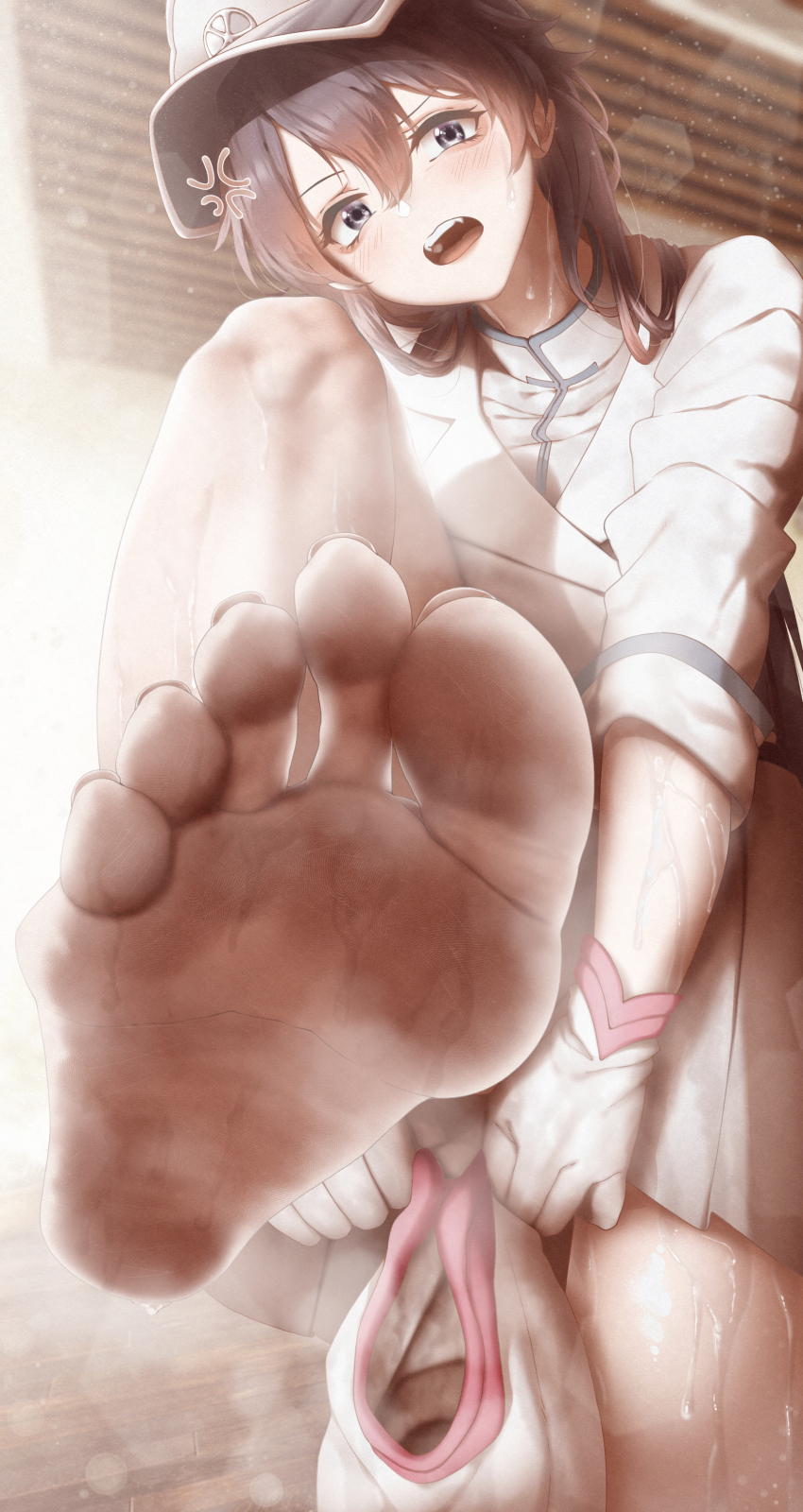 1girl absurdres anger_vein bambietta_basterbine barefoot bleach bleach:_sennen_kessen-hen blurry blurry_background blush brown_hair double-parted_bangs feet foot_focus foot_out_of_frame foreshortening gloves grey_hat hair_between_eyes hat highres holding holding_legwear holding_unworn_clothes jacket knee_up lens_flare long_hair long_sleeves looking_at_viewer military_hat miniskirt nokchamint open_mouth quincy_(bleach) shirt skirt smell soles solo standing standing_on_one_leg sternritter sweat sweatdrop thighhighs thighs toe_seam toenails toes white_gloves white_jacket white_shirt white_thighhighs