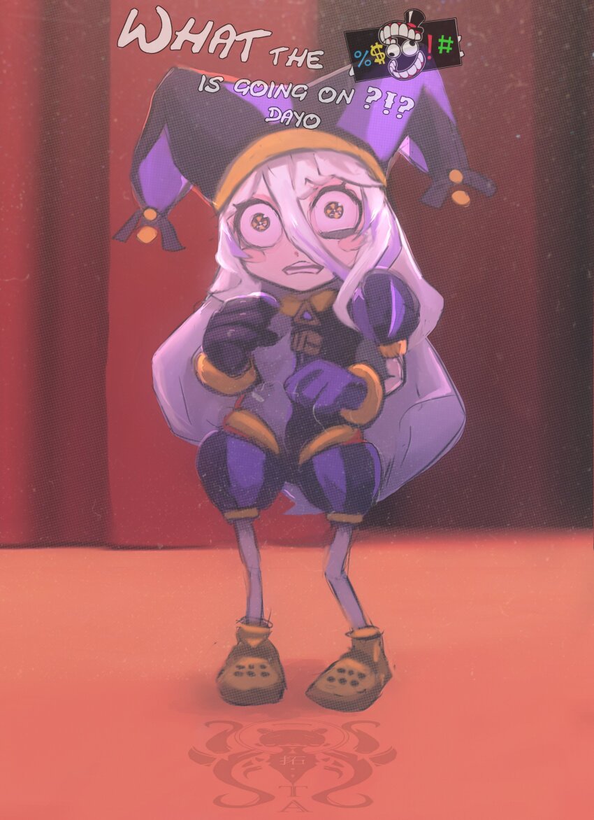 1girl absurdres cosplay crocs english_text gloves gradient_hair grey_hair hair_between_eyes hat henya_the_genius highres jester jester_cap jester_costume long_bangs long_hair looking_at_viewer multicolored_hair open_mouth pomni_(the_amazing_digital_circus) pomni_(the_amazing_digital_circus)_(cosplay) purple_gloves purple_hair purple_hat shoes solo taku_artworks the_amazing_digital_circus virtual_youtuber vshojo yellow_eyes yellow_shoes