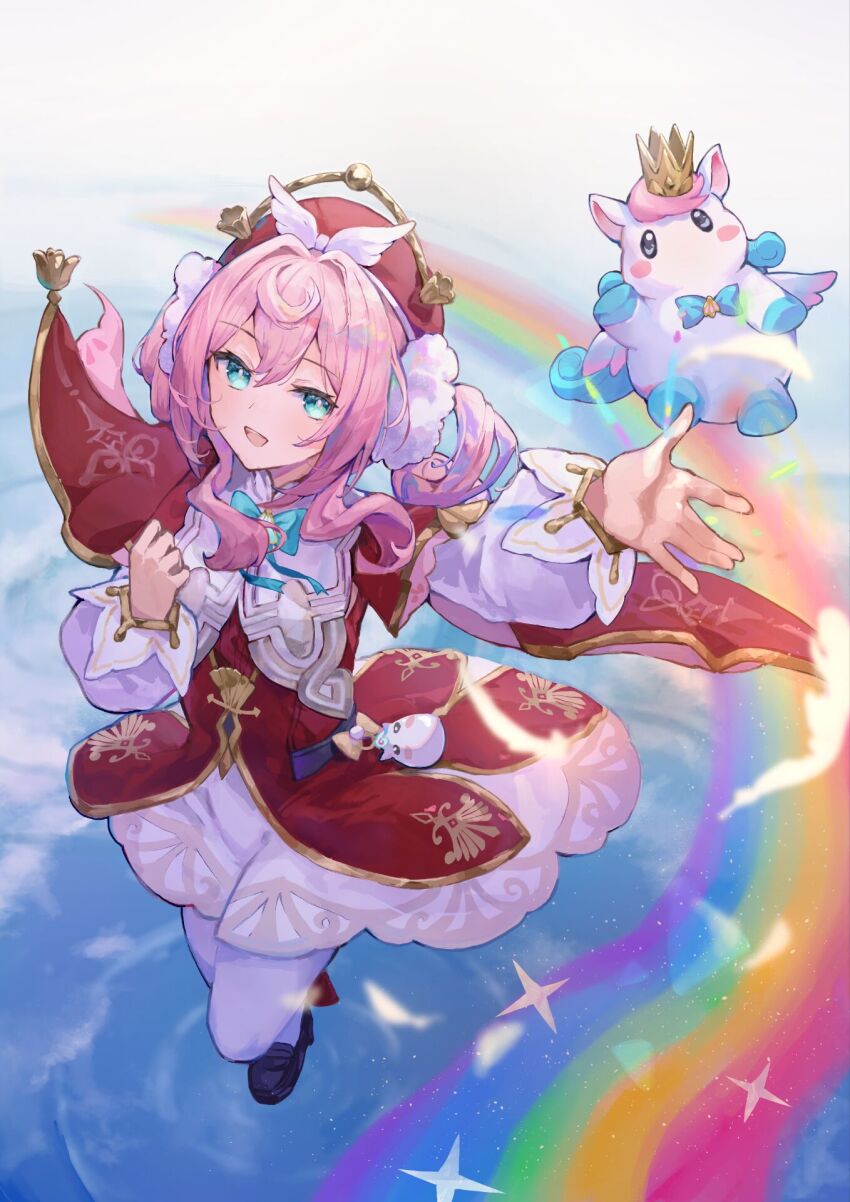 1girl aqua_eyes beret black_shoes commentary_request crown dress hat highres honkai:_star_rail honkai_(series) hyacine_(honkai:_star_rail) little_ica_(honkai:_star_rail) looking_at_viewer medium_hair open_mouth pantyhose pink_hair rainbow rainbow_(pixiv_66183854) red_dress shoes twintails wading white_pantyhose
