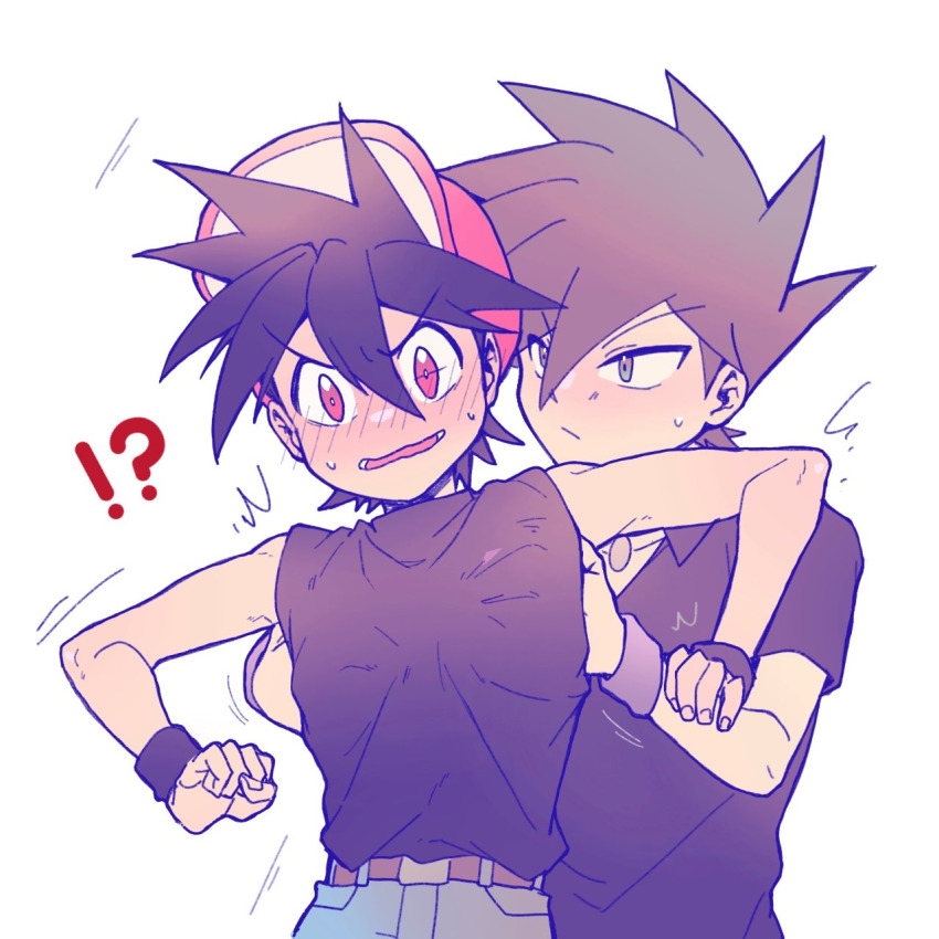 2boys blue_eyes blue_oak blush brown_hair ca_pkmn groping highres md5_mismatch multiple_boys nintendo pokemon pokemon_adventures red_(pokemon) red_eyes sleeveless surprised yaoi