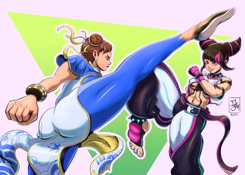 ass baggy_pants battle black_hair blocking bracelet breasts brown_eyes brown_hair capcom china_dress chinese_clothes chun-li collar double_bun dress drill_hair earrings fighting fingerless_gloves gloves hair_bun hair_horns han_juri highres huge_ass jewelry kicking martial_arts medium_breasts metalytar multicolored_hair multiple_girls navel panties_over_leggings pants pelvic_curtain purple_eyes smile spiked_anklet spiked_bracelet spiked_collar spikes street_fighter street_fighter_6 thick_thighs thighs twin_drills unitard video_game