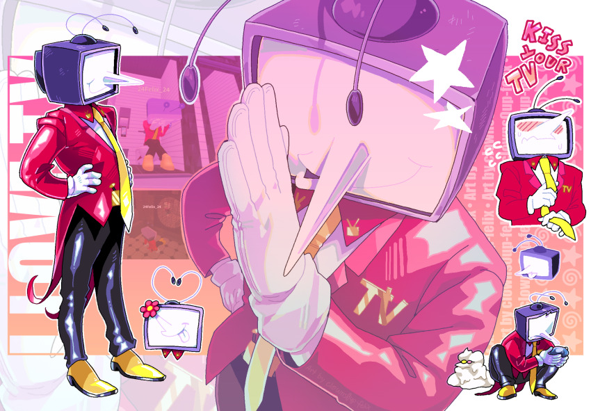 2boys adjusting_clothes adjusting_necktie ant_tenna blush clowns0up-felix commentary crt deltarune english_commentary flower flying_sweatdrops gloves hands_on_own_hips highres holding male_focus multiple_boys multiple_views necktie object_head outline pointy_nose shoes smile spamton_g._spamton sweat tailcoat tongue tongue_out tumblr_username white_gloves white_outline yellow_necktie yellow_shoes