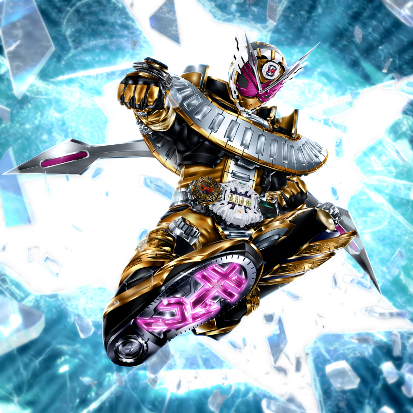 1boy absurdres armor belt black_armor black_bodysuit bodysuit clock clock_hands compound_eyes rider_belt finishing_move flying_kick gloves gold_armor helmet highres imminent_hit kamen_rider kamen_rider_zi-o kamen_rider_zi-o_(series) kamen_rider_zi-o_ouma kicking kuzurx male_focus ouma_zi-o_rider_watch pink_eyes rider_belt rider_kick rider_watch shoulder_armor solo tokusatsu ziku_driver
