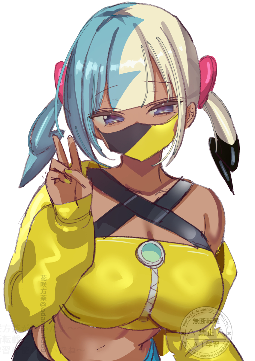 1girl absurdres aqua_hair bandana black_hair blonde_hair blue_eyes breasts canari_(pokemon) commentary_request dark-skinned_female dark_skin fingernails hanasaka_houcha highres jacket large_breasts looking_at_viewer mask mouth_mask multicolored_hair nail_polish nintendo pokemon pokemon_legends:_z-a simple_background sketch solo two-tone_mask v white_background yellow_bandana yellow_jacket yellow_nails