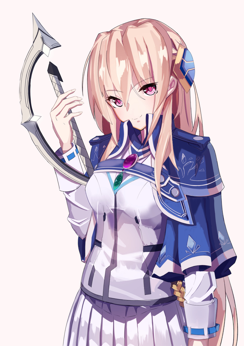 1girl absurdres arm_at_side blonde_hair blue_capelet breasts capelet closed_mouth cowboy_shot gem hair_between_eyes hair_ornament hand_up head_tilt heaven_burns_red highres holding holding_weapon jacket long_hair long_sleeves looking_at_viewer medium_breasts pink_eyes pleated_skirt purple_eyes red_eyes sakeluck school_uniform shirakawa_yuina shirt simple_background skirt smile solo standing sword very_long_hair weapon white_background white_jacket white_shirt white_skirt