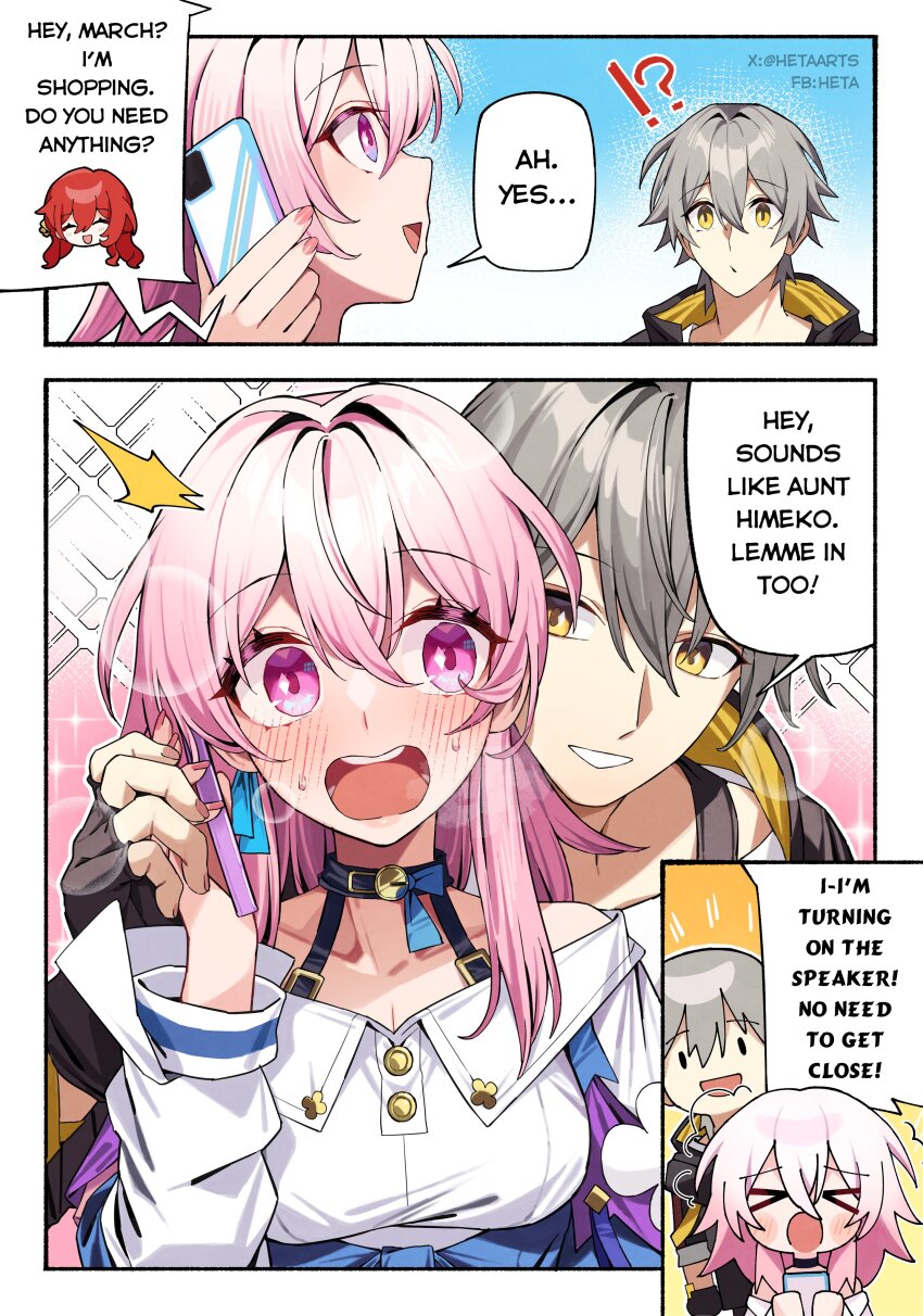 !? &gt;_&lt; 1boy 1girl :d absurdres black_jacket blush breasts caelus_(honkai:_star_rail) cellphone chibi chibi_inset choker commentary english_commentary english_text facebook_username fingerless_gloves gloves grabbing_from_behind grey_hair hair_between_eyes heta highres himeko_(honkai:_star_rail) holding holding_hands holding_phone honkai:_star_rail honkai_(series) jacket march_7th_(honkai:_star_rail) medium_hair multicolored_eyes open_clothes open_jacket open_mouth phone pink_eyes pink_hair pink_nails red_hair shirt short_hair sidelocks smartphone smile surprised talking_on_phone trailblazer_(honkai:_star_rail) twitter_username two-tone_eyes white_shirt yellow_eyes