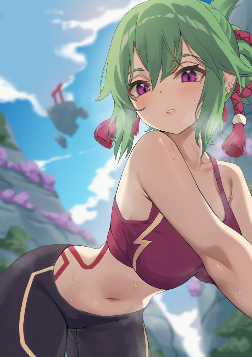 1girl alternate_costume bare_shoulders black_shorts blurry blurry_background body_markings breasts cloud cloudy_sky commentary genshin_impact green_hair hair_between_eyes hair_ribbon highres kangbus kuki_shinobu large_breasts leaning_forward midriff navel no_mask ponytail purple_eyes purple_sports_bra red_ribbon ribbon shorts sky solo sports_bra sportswear standing stomach stomach_tattoo sweat tattoo torii