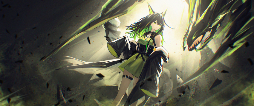 1girl absurdres animal_ears arknights bare_shoulders belt black_hair black_jacket colored_inner_hair creature_and_personification de4d_fish dress green_dress green_eyes green_hair highres jacket jacket_partially_removed long_hair mon3tr_(arknights) mon3tr_(summon)_(arknights) multicolored_hair open_clothes open_jacket personification sleeveless sleeveless_dress sleeves_past_wrists thigh_belt thigh_strap