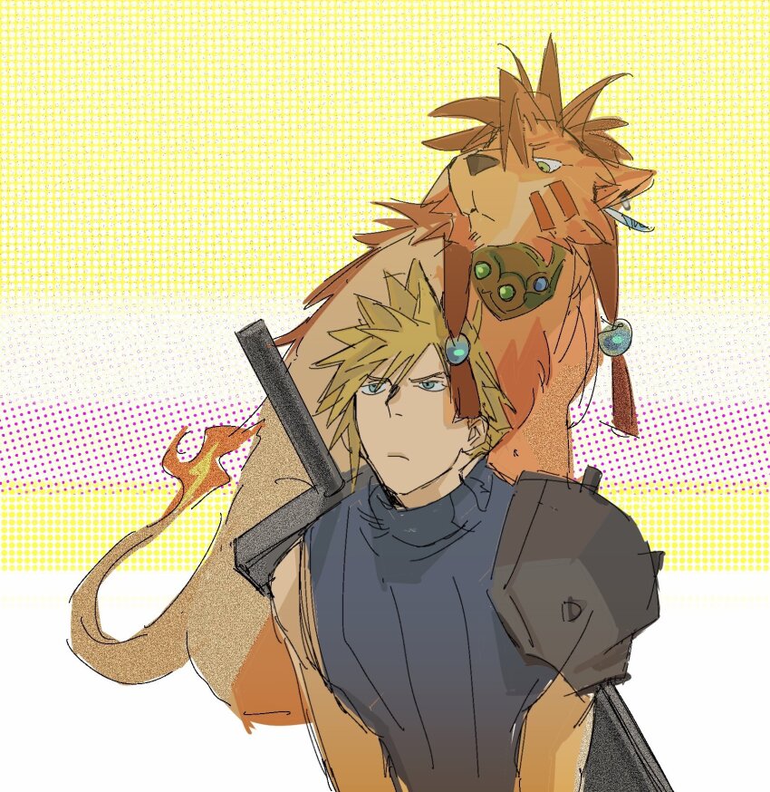 2boys animal armor beads blonde_hair blue_eyes blue_shirt buster_sword cloud_strife collar facial_mark final_fantasy final_fantasy_vii final_fantasy_vii_rebirth final_fantasy_vii_remake flame-tipped_tail furrowed_brow hair_beads hair_between_eyes hair_ornament highres male_focus multiple_boys orange_fur red_hair red_xiii shirt short_hair shoulder_armor sidelocks single_bare_shoulder single_shoulder_pad sleeveless sleeveless_turtleneck spiked_hair striped_background turtleneck weapon weapon_on_back xiehuangxb yellow_eyes