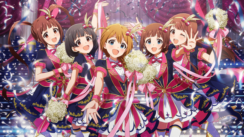 5girls amami_haruka baba_konomi black_hair blue_eyes boots bouquet bow bowtie brown_hair buttons confetti flower game_cg hairband high_heel_boots high_heels idol_clothes idolmaster idolmaster_million_live! idolmaster_million_live!_theater_days matsuda_arisa multiple_girls nakatani_iku official_art one_eye_closed open_mouth pillar red_eyes stairs tanaka_kotoha thighhighs twintails white_thighhighs