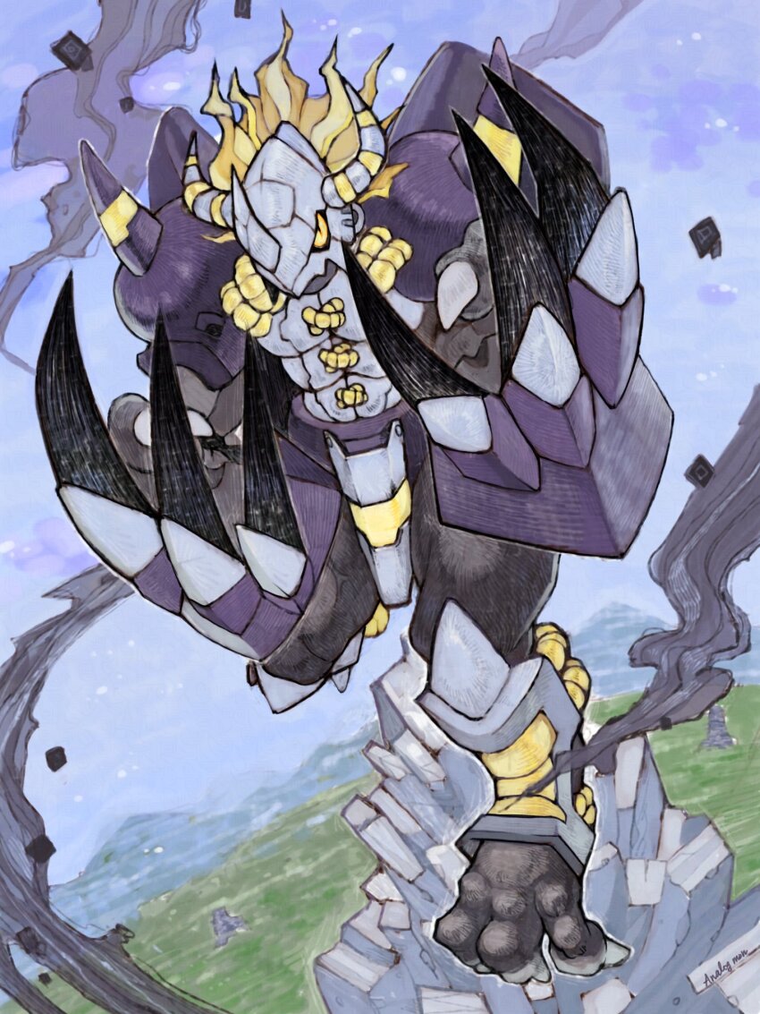 1boy analog_boy02 armor black_armor black_skin blackwargreymon blonde_hair claw_(weapon) colored_skin digimon digimon_(creature) digimon_adventure_02 dragon full_body helmet highres horns male_focus mechanical_wings slit_pupils solo weapon wings yellow_eyes