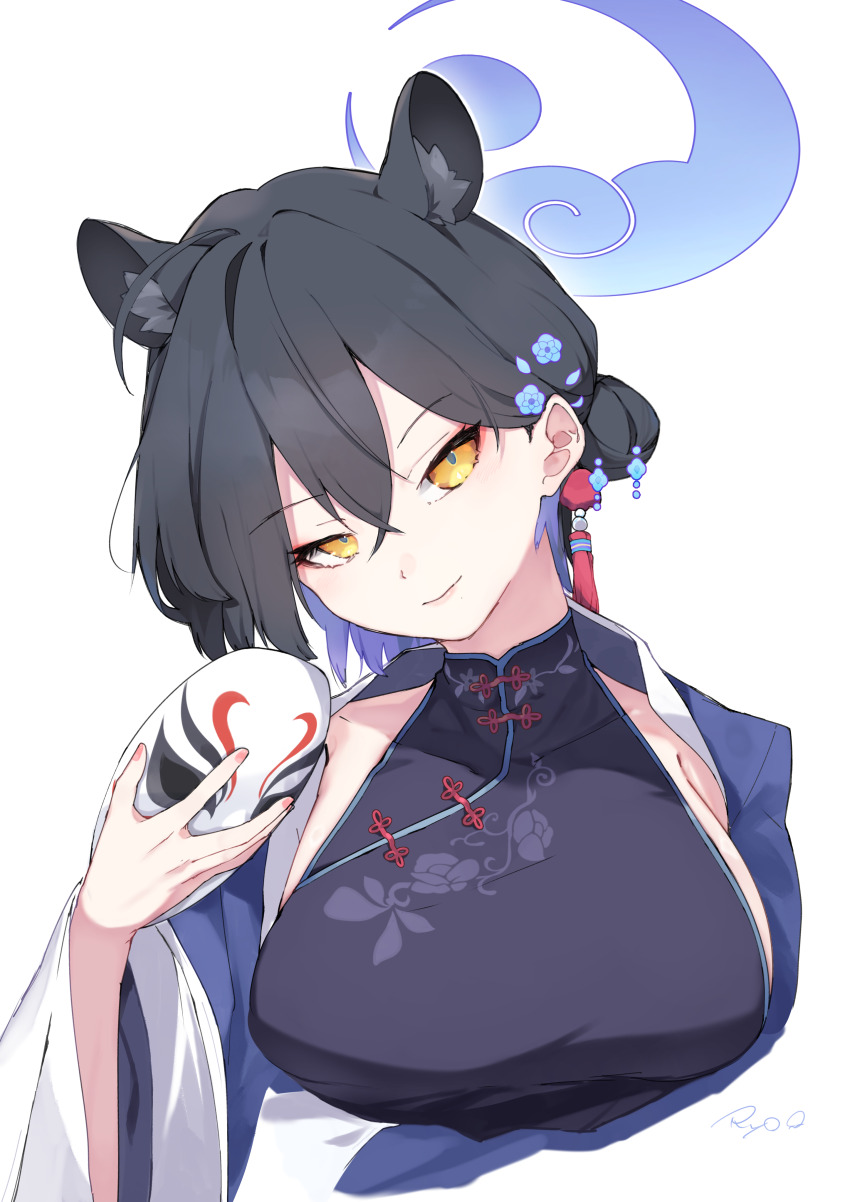 1girl absurdres animal_ears black_dress black_hair blue_archive blue_flower blue_halo breasts china_dress chinese_clothes closed_mouth colored_inner_hair commentary_request cropped_torso dress extra_ears eyeliner floral_print floral_print_dress flower hair_bun hair_flower hair_ornament halo head_tilt highres holding holding_mask kaguya_(blue_archive) large_breasts looking_at_viewer makeup mask multicolored_hair pankou panther_ears panther_girl print_dress red_eyeliner ryo_(ryo_skrdi) shanghai_neckline short_hair sideboob single_hair_bun sleeveless_turtleneck_dress smile solo tassel tassel_hair_ornament upper_body yellow_eyes