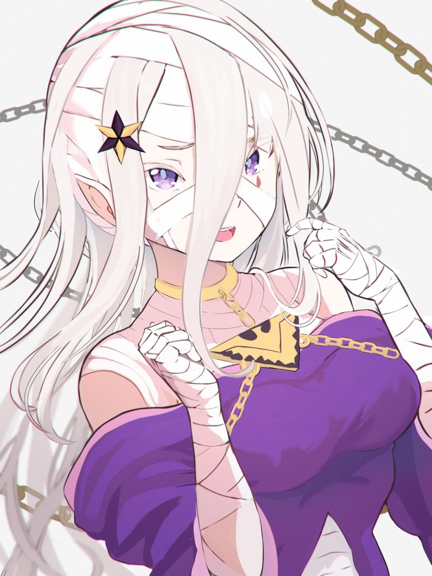 1girl bandages breasts chain cosplay dress elf highres long_hair looking_at_viewer medium_breasts pointy_ears purple_dress purple_eyes re:zero_kara_hajimeru_isekai_seikatsu satella_(re:zero) silver_hair sirius_(re:zero) very_long_hair