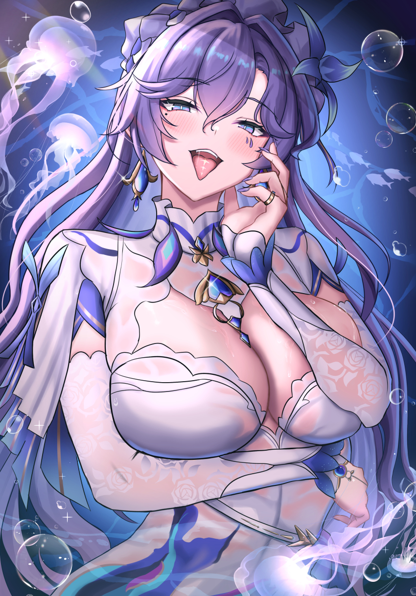 1girl absurdres arm_under_breasts blue_eyes blue_flower blush breasts cantarella_(wuthering_waves) commentary earrings elina_(eri15) facial_mark flower hair_between_eyes hair_flower hair_ornament highres jellyfish jewelry large_breasts long_hair looking_at_viewer mark_under_eye mole mole_under_eye open_mouth purple_hair shrug_(clothing) solo tacet_mark_(wuthering_waves) tongue tongue_out upper_body very_long_hair white_shrug wuthering_waves