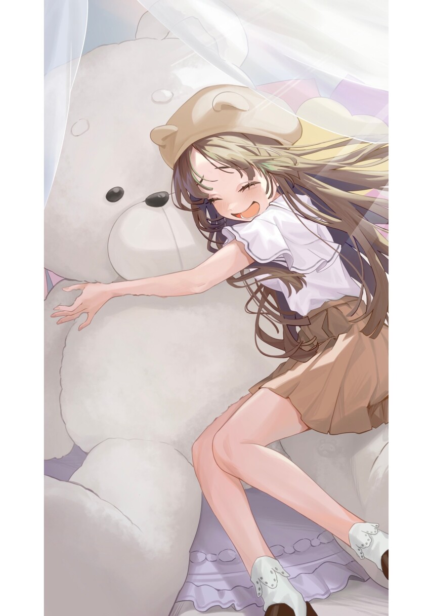 1girl ^_^ absurdres animal_ear_headwear bare_legs beret blush bobby_socks breasts brown_skirt closed_eyes fake_animal_ears gakuen_idolmaster hat highres hugging_doll hugging_object idolmaster kuramoto_china long_hair oversized_object pleated_skirt shirt shirt_tucked_in short_sleeves skirt smile socks solo straight_hair stuffed_animal stuffed_toy tanupon teddy_bear very_long_hair white_shirt white_socks