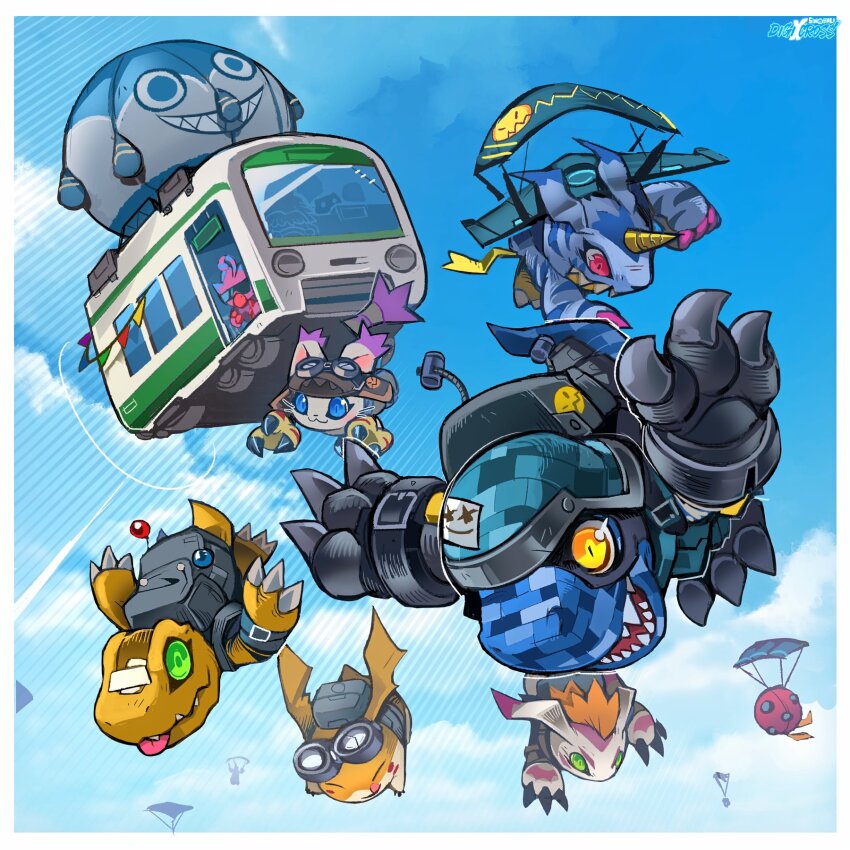agumon botamon cat commandramon commentary digimon digimon_(creature) english_commentary falling fortnite gabumon gloves gomamon green_eyes helmet highres horns jijimon midair parachute patamon piyomon red_eyes reptile sharp_teeth single_horn sinobali spikes sunglasses tailmon teeth tentomon yellow_eyes