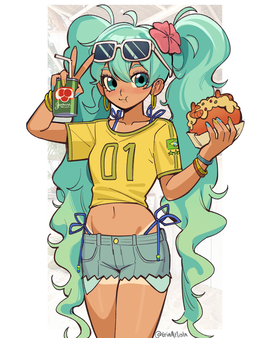 1girl absurdres alternate_costume bikini bikini_under_clothes blue_eyes blue_hair blue_shorts bracelet brazil brazilian_flag brazilian_flag_print brazilian_miku breasts can closed_mouth collarbone commentary crop_top dark-skinned_female dark_skin denim denim_shorts drink_can earrings erinartista exposed_pocket eyewear_on_head fingernails flag_print flower food green_nails guarana_antarctica hair_flower hair_ornament hatsune_miku highres holding holding_can holding_food hoop_earrings jewelry long_hair medium_breasts navel necklace print_shirt sharp_fingernails shirt short_shorts short_sleeves shorts solo sunglasses swimsuit tan tanline v very_long_hair vocaloid white-framed_eyewear worldwide_miku yellow_shirt