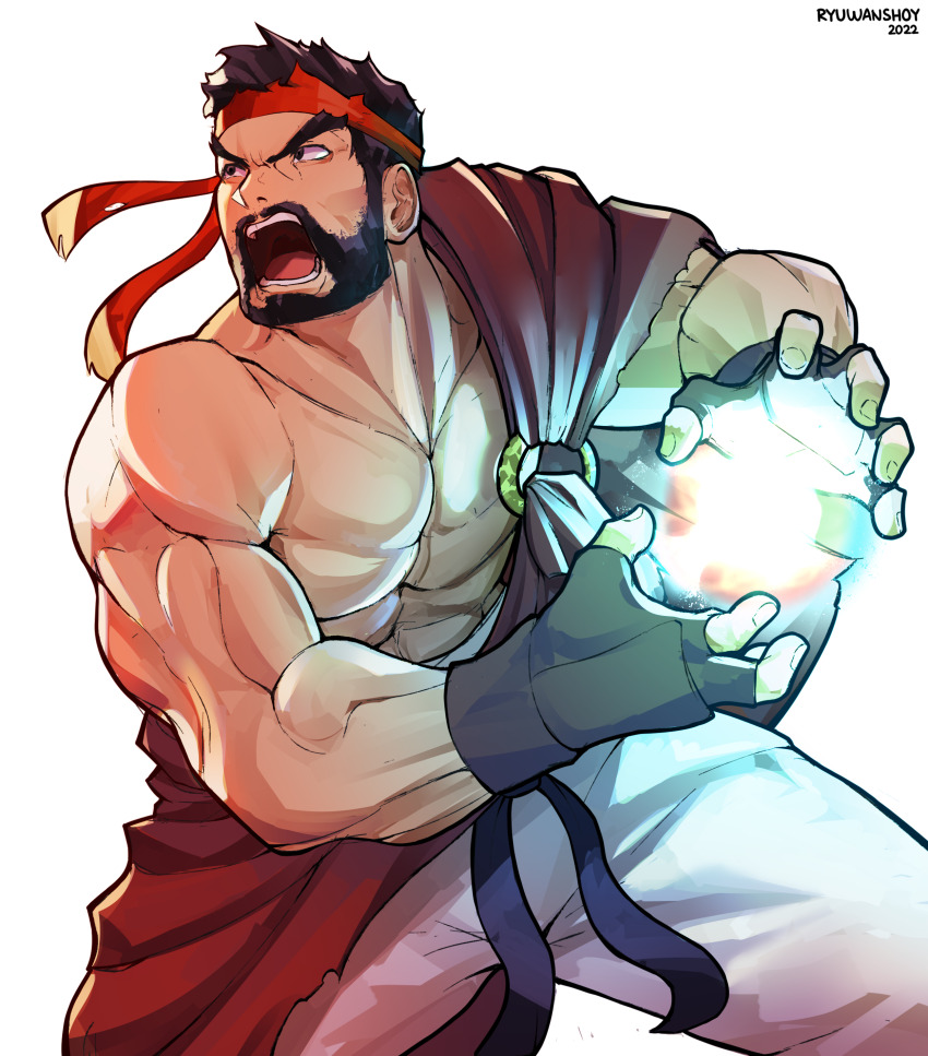 1boy absurdres angry artist_name bad_id bad_pixiv_id bare_shoulders beard biceps black_gloves black_hair black_ribbon brown_eyes collarbone commentary dated energy energy_ball english_commentary facial_hair fingerless_gloves gloves hadouken hands_up headband highres looking_away male_focus muscular muscular_male open_mouth pants pectorals red_headband ribbon ryu_(ryuwanshoy) ryu_(street_fighter) sash short_hair simple_background single_bare_shoulder solo standing street_fighter street_fighter_6 teeth thick_eyebrows tongue v-shaped_eyebrows white_background white_pants