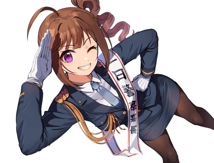 1girl ;d ahoge black_jacket black_skirt blazer brown_hair brown_pantyhose concept_police_(idolmaster) dutch_angle feet_out_of_frame grin idolmaster idolmaster_million_live! jacket kamille_(vcx68) long_sleeves looking_at_viewer one_eye_closed open_mouth pantyhose pink_eyes police police_uniform policewoman print_sash redrawn salute sash shirt side_ponytail simple_background skirt smile solo white_background white_shirt yokoyama_nao