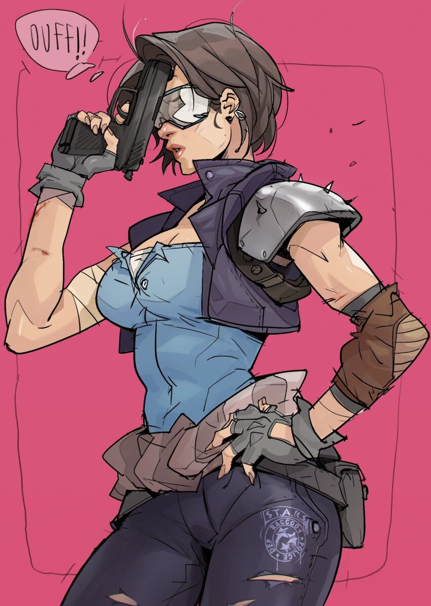 1girl armor brown_hair cropped_jacket earrings fingerless_gloves gloves goggles hand_on_own_hip hicham_habchi highres jewelry jill_valentine lips pants resident_evil short_hair shoulder_armor