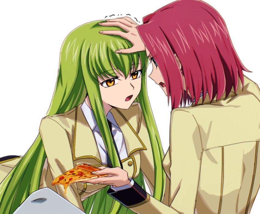 2girls aoki_shizumi blue_eyes c.c. code_geass food green_hair hand_on_another&#039;s_head highres holding holding_food holding_pizza kouzuki_kallen multiple_girls orange_eyes pizza red_hair upper_body white_background yuri