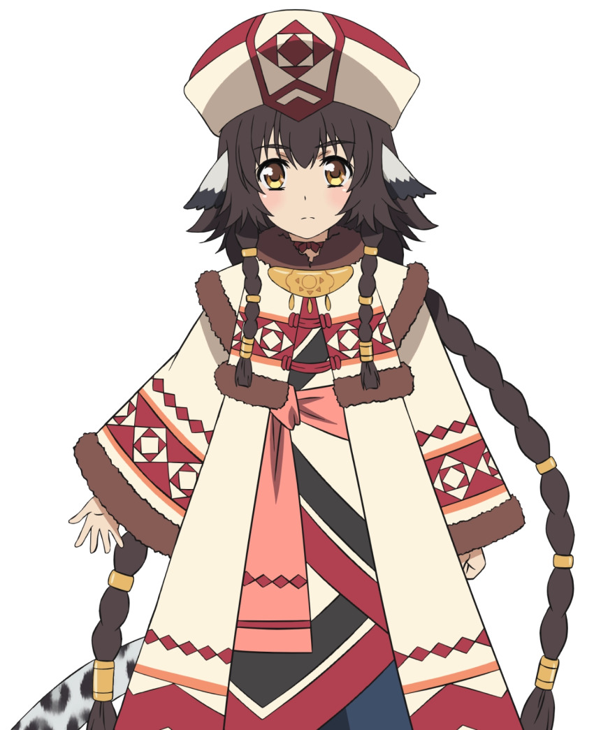1girl absurdly_long_hair ainu_clothes animal_ears anju_(utawarerumono) aquaplus blush braid breasts brown_hair choker closed_mouth coat cowboy_shot gradient_eyes hair_between_eyes hair_ornament hat highres jewelry long_hair long_sleeves looking_at_viewer multicolored_eyes nakata_masahiko necklace official_art orange_eyes raised_eyebrows sidelocks small_breasts solo standing tail transparent_background utawarerumono utawarerumono:_futari_no_hakuoro utawarerumono:_itsuwari_no_kamen very_long_hair white_fox_(company) wide_sleeves