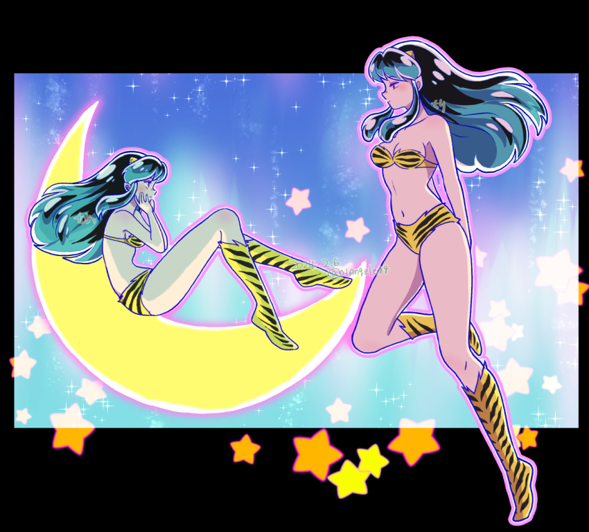 01angelegg 1girl animal_print aqua_hair arms_behind_back bare_arms black_border black_hair blush border bra breasts cleavage crescent_moon dated floating_hair full_body half-closed_eyes kneehighs long_hair lum medium_breasts moon multicolored_hair navel outline panties pink_outline print_bra print_panties profile socks solo strapless strapless_bra striped_bra striped_clothes striped_panties striped_socks tiger_print tiger_stripes twitter_username underwear underwear_only urusei_yatsura yellow_bra yellow_panties yellow_socks