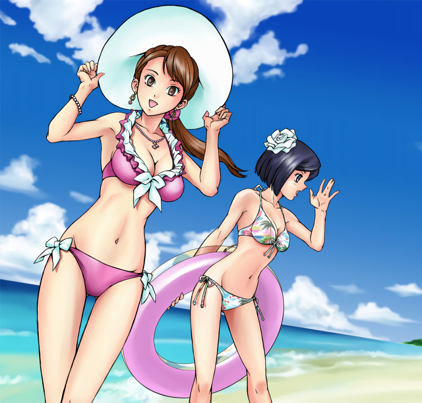 beach bikini black_hair brown_hair cloud day highres igasaki_fuuka iwa iwa_(artist) momochi_kasumi ocean shuriken_sentai_ninninger super_sentai swimsuit