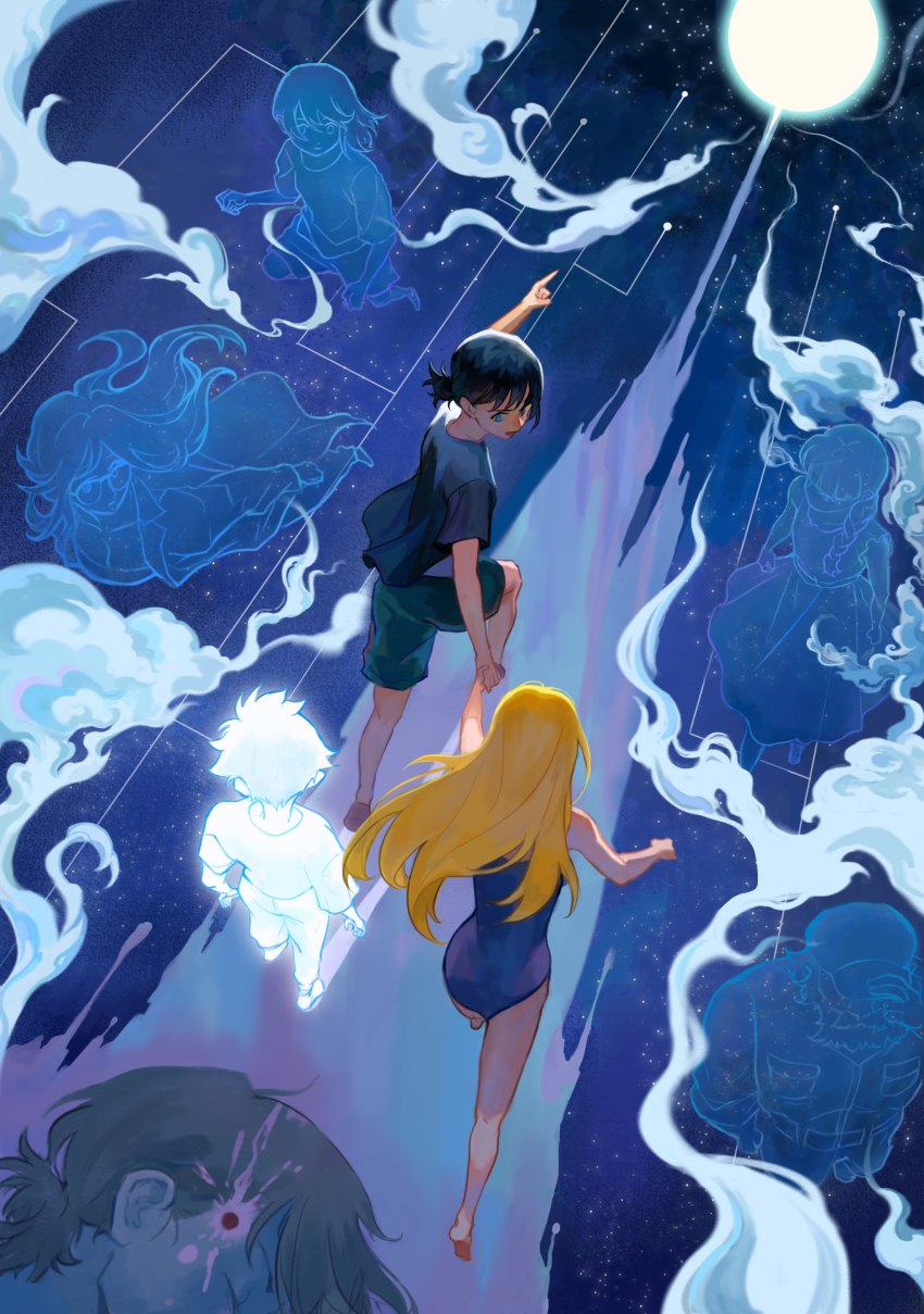 3boys 4girls absurdres ajiro_shinpei bare_legs barefoot beard black_hair black_shirt blonde_hair blue_eyes blue_shorts blue_one-piece_swimsuit braid breasts bullet_hole chinese_commentary cleavage closed_mouth commentary_request dress closed_eyes facial_hair from_above hair_bun hat heterochromia highres hishigata_tokiko holding_hands kofune_mio kofune_ushio long_hair looking_at_another medium_hair minakata_hizuru minakata_ryuunosuke mordin99 multiple_boys multiple_girls nezu_ginjiro one-piece_swimsuit open_mouth pointing running school_swimsuit shirt short_hair short_sleeves shorts single_braid single_hair_bun standing star_(sky) summertime_render swimsuit