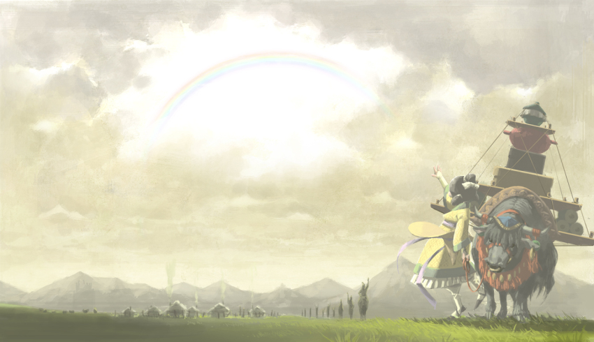1girl child dress grass landscape mountain original rainbow road sakanaya scenery sky smoke solo_focus village water_buffalo waving
