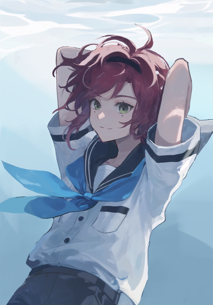 1boy absurdres arms_up black_hairband black_sailor_collar blue_neckerchief breast_pocket closed_mouth genshin_impact hairband highres kongmingbubu male_focus mole mole_under_each_eye mole_under_eye multiple_moles neckerchief pocket sailor_collar school_uniform serafuku shikanoin_heizou shirt short_sleeves smile solo underwater v_arms white_shirt