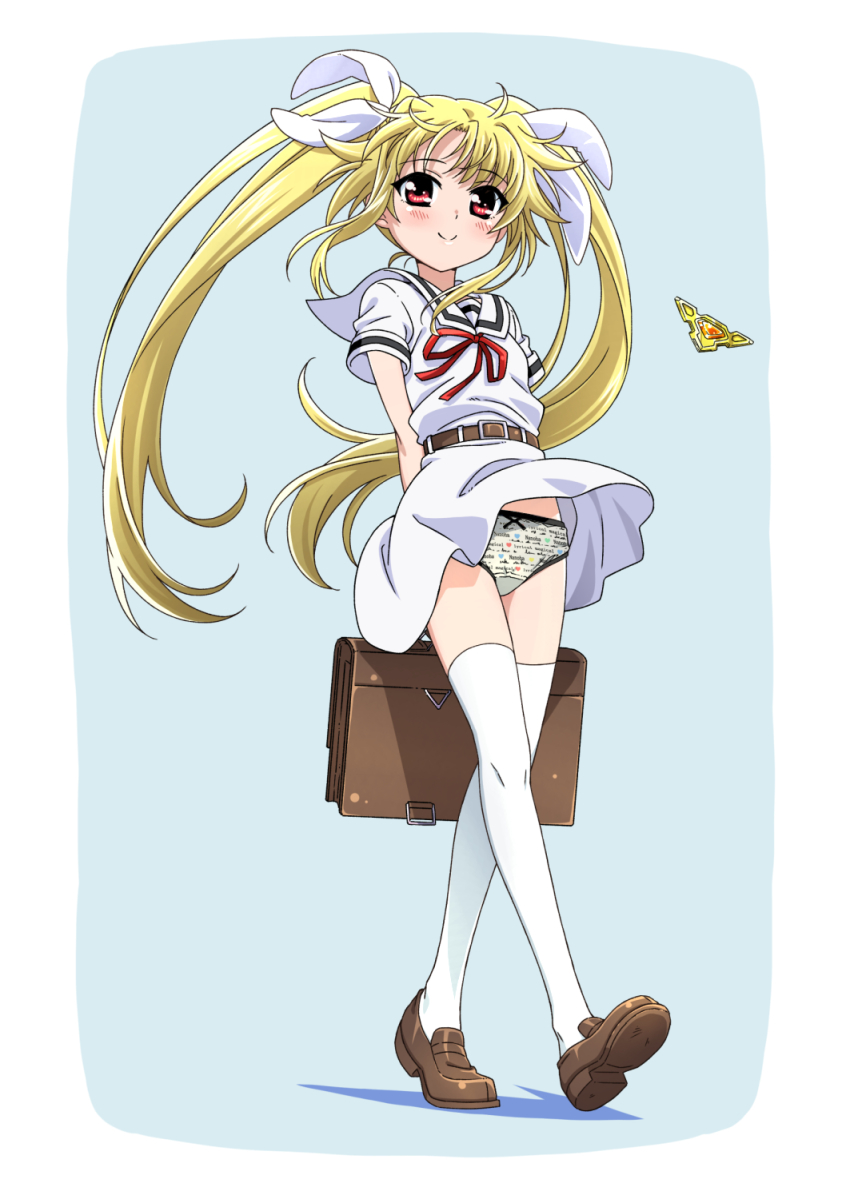 1girl bardiche_(nanoha) bardiche_(standby_form)_(nanoha) blonde_hair blue_background blush border bow bow_panties breasts closed_mouth fate_testarossa full_body highres long_hair looking_at_viewer lyrical_nanoha mahou_shoujo_lyrical_nanoha mahou_shoujo_lyrical_nanoha_a&#039;s miniskirt miyajima_hitoshi panties pantyshot red_eyes shiny_skin simple_background skirt small_breasts smile solo thighhighs twintails underwear white_border white_thighhighs