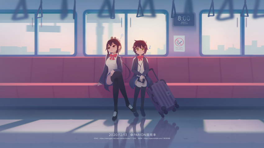 2girls absurdres black_eyes black_footwear black_legwear blue_skirt bow brown_hair cellphone closed_mouth dated earbuds earphones green_eyes hair_between_eyes hair_ornament highres holding holding_phone long_hair luggage multiple_girls musical_note no_smoking original parion phone red_bow red_neckwear reflection rolling_suitcase short_eyebrows short_hair sitting skirt suitcase thighhighs train_interior twintails twitter_username uniform