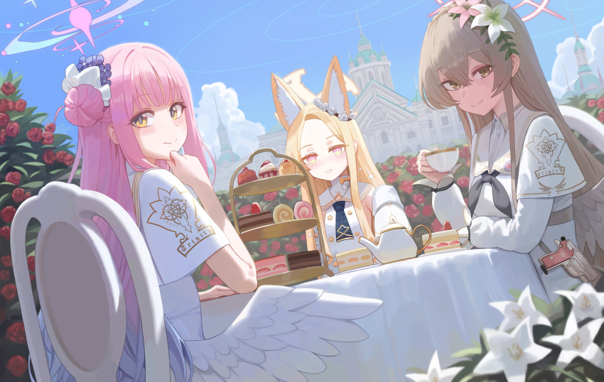 3girls absurdres animal_ear_fluff black_necktie blonde_hair blue_archive blue_sky blush brown_hair cake_stand closed_mouth commentary cup day dress feathered_wings flower hair_between_eyes hair_bun highres holding holding_cup junmin long_hair looking_at_viewer low_wings mika_(blue_archive) multiple_girls nagisa_(blue_archive) necktie pink_hair seia_(blue_archive) single_hair_bun single_side_bun sitting sky smile tea_party_(blue_archive) teapot white_dress white_flower white_wings wings yellow_eyes