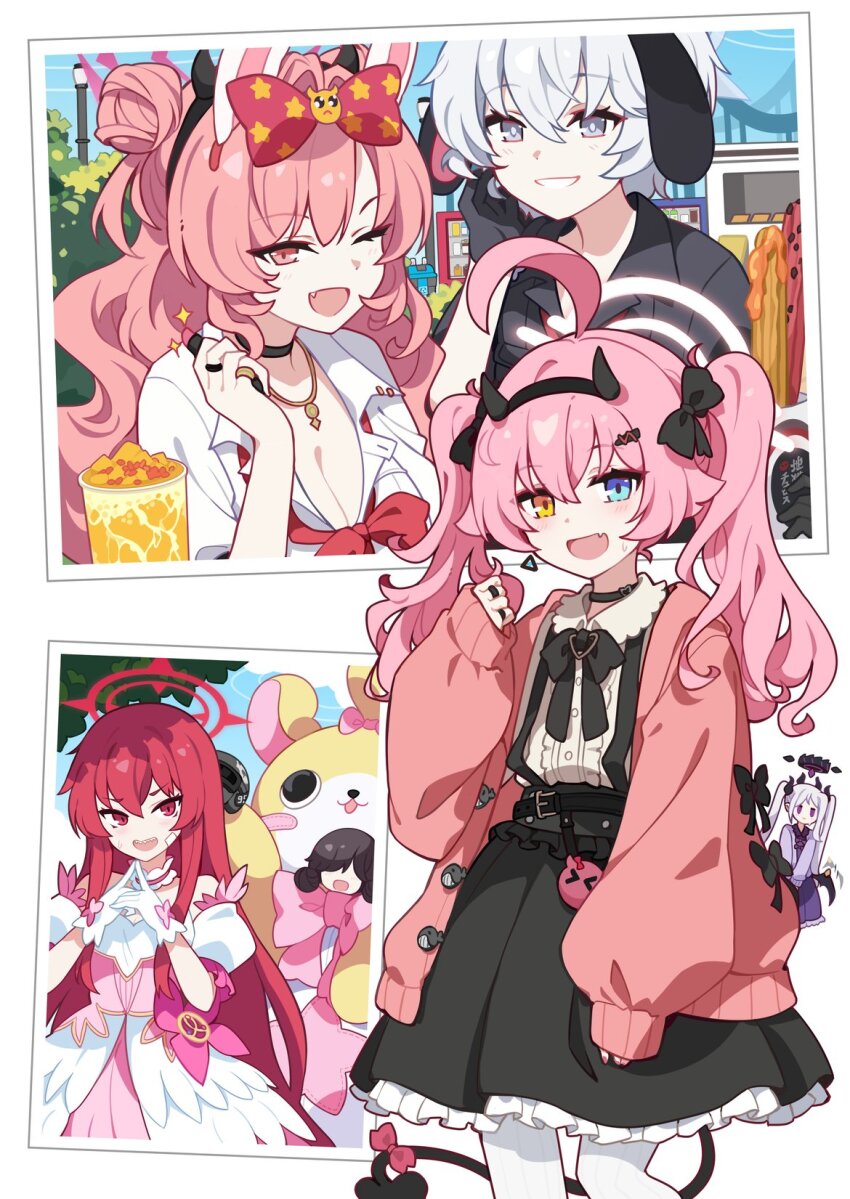 6+girls :d ;d alternate_costume animal_ear_hairband animal_ears bandaid bandaid_on_cheek bandaid_on_face black_bow black_bowtie black_choker black_gloves black_hairband blue_archive blue_eyes bow bowtie breasts center_frills choker churro cleavage cosplay demon_tail erika_(blue_archive) fake_animal_ears fake_horns fang frilled_skirt frills gloves grey_eyes gyaru hair_between_eyes hair_bow hair_bun hair_ornament hairband hairclip halo heterochromia highres hina_(blue_archive) horn_hairband horns hoshino_(blue_archive) ideolo jacket jewelry kirara_(blue_archive) large_breasts long_hair long_sleeves loose_bowtie magical_girl multiple_girls necklace one_eye_closed open_clothes open_jacket open_mouth pantyhose pink_eyes pink_hair pink_jacket puffy_long_sleeves puffy_short_sleeves puffy_sleeves rabbit_ears rabu_(blue_archive) red_bow red_bowtie red_eyes red_hair red_halo sharp_teeth shirt short_hair short_sleeves skin_fang skirt sleeves_past_wrists smile suspender_skirt suspenders suzumi_(blue_archive) suzumi_(blue_archive)_(cosplay) suzumi_(magical)_(blue_archive) tail tail_bow tail_ornament teeth twintails very_long_hair white_gloves white_hair white_hairband white_halo white_pantyhose white_shirt wings yellow_eyes
