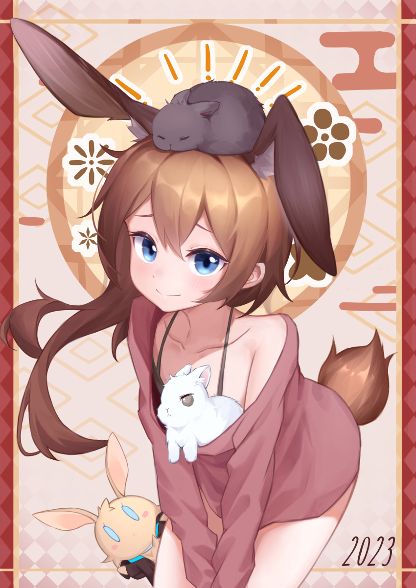 1girl 2023 absurdres amiya_(arknights) animal animal_ears arknights blouse blue_eyes brown_hair brown_tail closed_mouth collarbone cowboy_shot hair_between_eyes highres light_blush long_hair long_sleeves looking_at_viewer mofashi_(sxaf8777) no_pants off_shoulder pink_shirt rabbit shirt single_ear_down smile solo standing tail