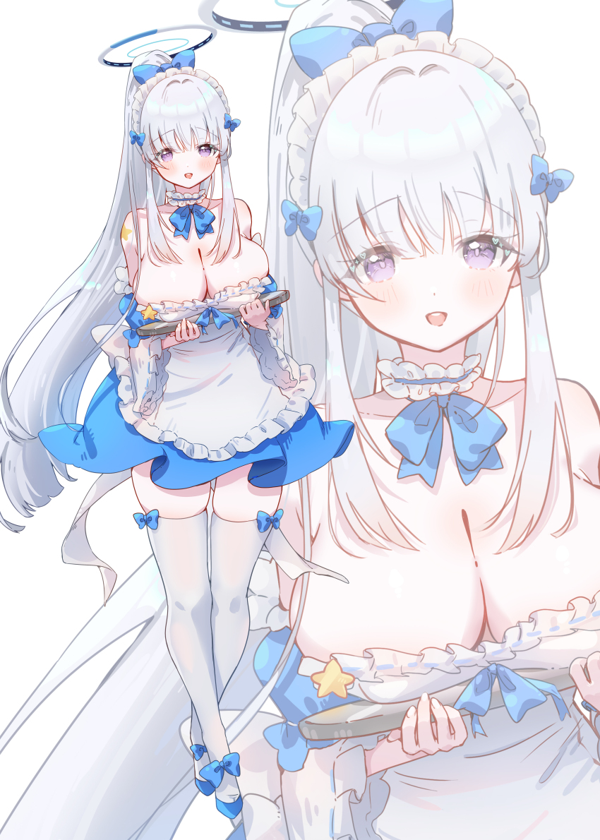 1girl absurdres alternate_costume apron ash_(cat7evy) bare_shoulders blue_archive blue_bow blue_bowtie blue_dress blue_footwear blush bow bowtie breasts breasts_on_tray choker cleavage collarbone commentary dress frilled_apron frilled_choker frills grey_hair halo high_ponytail highres holding holding_tray large_breasts long_hair looking_at_viewer noa_(blue_archive) open_mouth ponytail purple_eyes teeth thighhighs tray upper_teeth_only very_long_hair white_apron white_background white_choker white_thighhighs zettai_ryouiki zoom_layer