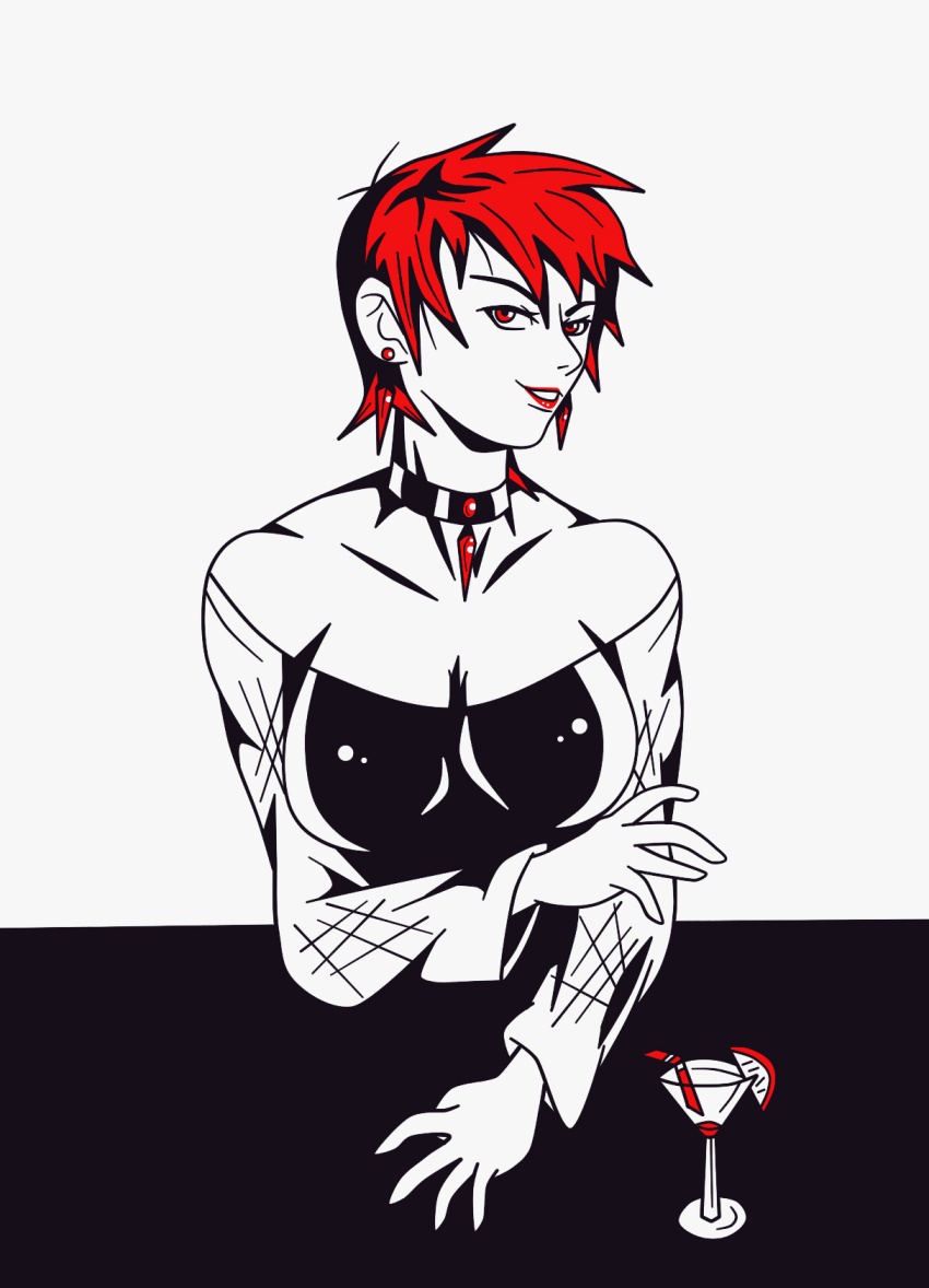 1girl breasts drink earrings female_focus food fruit glass highres huge_breasts jewelry large_breasts long_sleeves looking_at_viewer pale_skin pps0226 red_eyes red_hair short_hair smile table the_king_of_fighters vice_(kof)