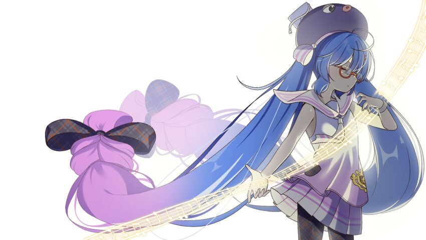1girl absurdly_long_hair ahoge ascot backlighting beamed_eighth_notes blue_hair blue_shirt blunt_bangs bow chaakusu closed_eyes commentary_request cowboy_shot eel_hat eighth_note floating_clothes floating_hair glasses glowing_musical_note gradient_clothes gradient_hair gradient_shirt hair_bow hair_ornament hairclip hat hat_ribbon highres horizontal-striped_ribbon large_hat long_hair low-braided_long_hair low-tied_long_hair mortarboard multicolored_hair multicolored_skirt musical_note musical_staff otomachi_una otomachi_una_(talkex) pantyhose parted_lips pink_shirt pink_skirt plaid_bow plaid_clothes plaid_pantyhose pleated_skirt profile purple_hair purple_hat quarter_note red-framed_eyewear ribbon sailor_collar sailor_shirt semi-rimless_eyewear shirt simple_background skirt sleeveless sleeveless_shirt solo standing striped_ribbon talkex twintails under-rim_eyewear variant_set very_long_hair voiceroid watch white_ascot white_background white_ribbon white_sailor_collar wristwatch