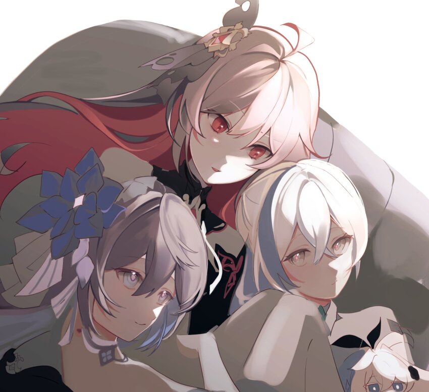 4girls black_hair blue_eyes blue_flower blue_hair bronya_zaychik bronya_zaychik_(herrscher_of_truth) colored_inner_hair commentary_request crossed_bangs flower grey_eyes hair_between_eyes hair_flower hair_ornament highres honkai_(series) honkai_impact_3rd korean_commentary long_hair multicolored_hair multiple_girls oldsprout1108 project_bunny red_eyes red_hair seele_(alter_ego) seele_vollerei seele_vollerei_(herrscher_of_rebirth) seele_vollerei_(starchasm_nyx) streaked_hair two-tone_hair