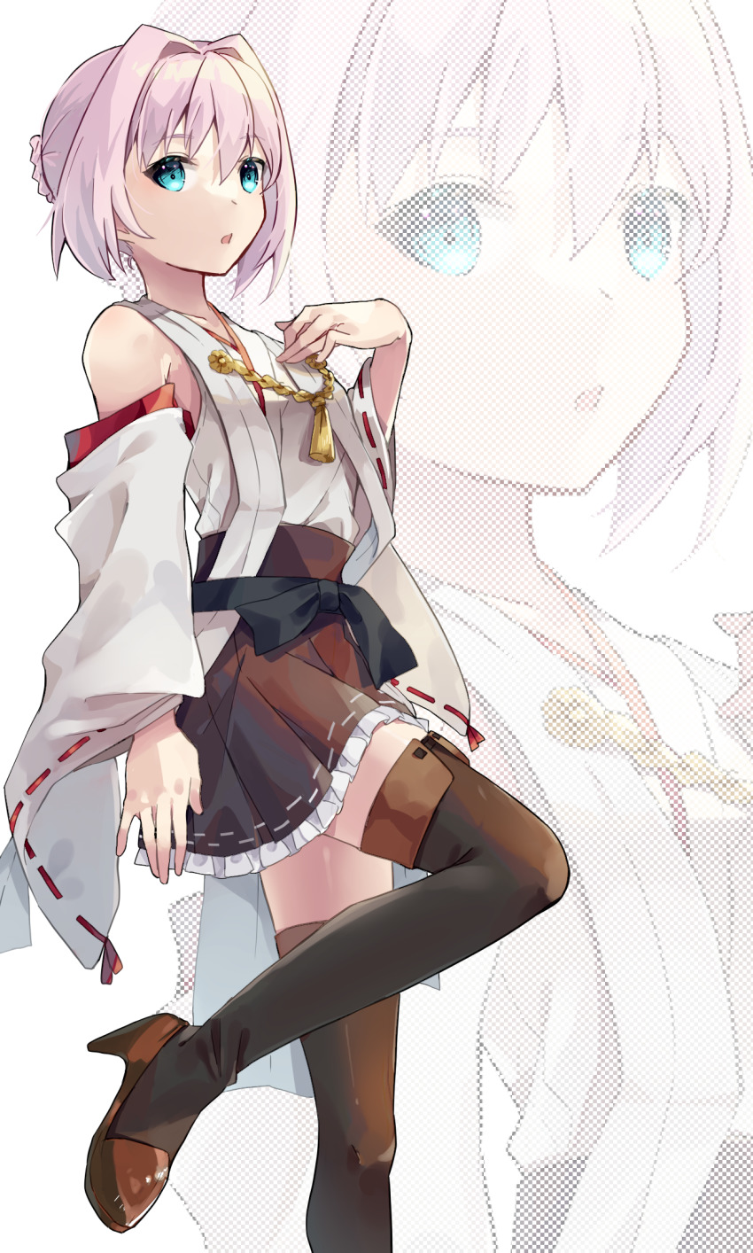 1girl against_wall alternate_hairstyle black_skirt black_thighhighs blue_eyes braid braided_bun commentary_request cosplay detached_sleeves hair_bun highres japanese_clothes kantai_collection kirishima_(kancolle) kirishima_(kancolle)_(cosplay) looking_at_viewer pink_hair ribbon-trimmed_sleeves ribbon_trim shiranui_(kancolle) short_hair skirt solo thighhighs u_yuz_xx zoom_layer