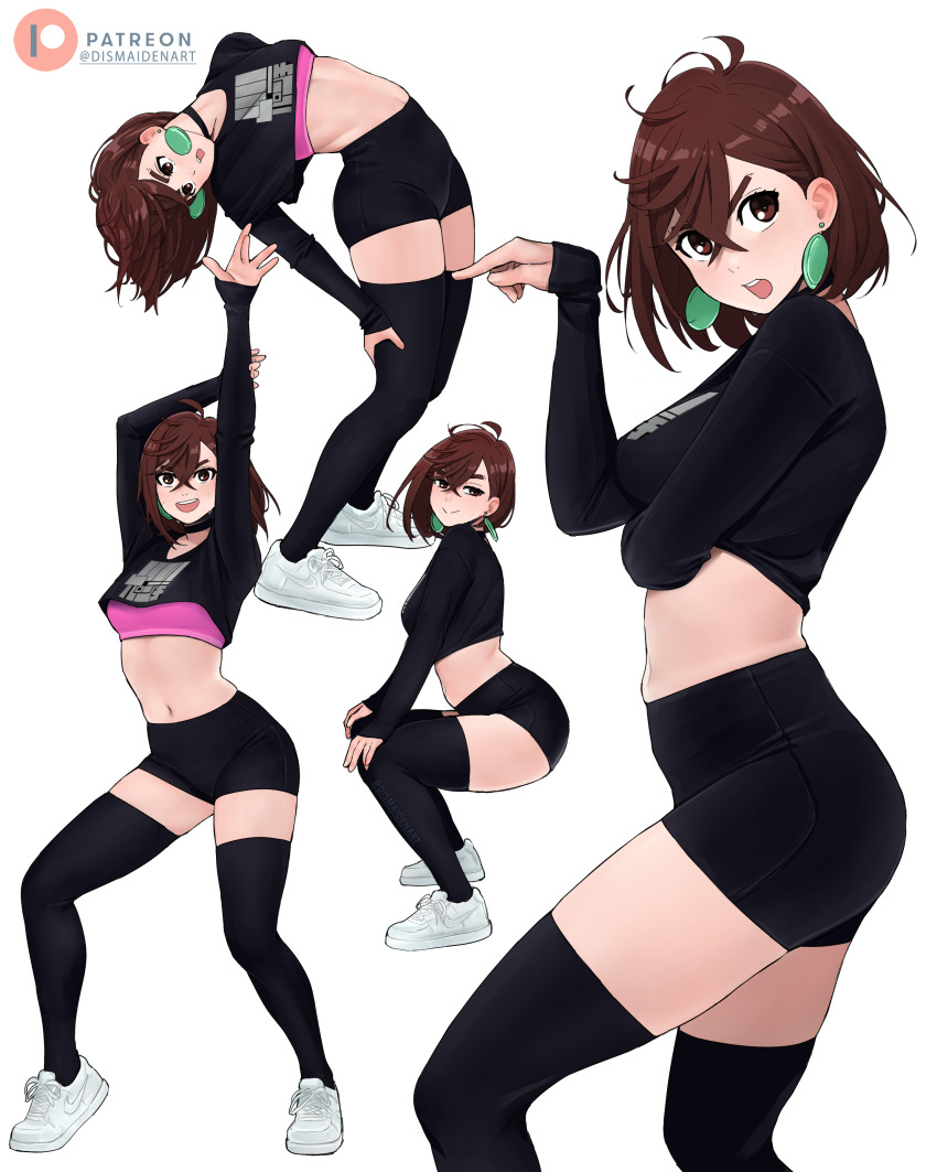 1girl absurdres ayase_momo black_shirt black_shorts black_thighhighs breasts brown_eyes brown_hair crop_top dandadan dismaiden earrings highres jewelry large_breasts multiple_views navel open_mouth patreon_logo patreon_username pink_sports_bra shirt short_shorts shorts simple_background sports_bra thighhighs white_background