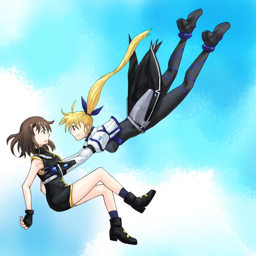 10s 2girls armor bad_id bad_pixiv_id blonde_hair blue_eyes boots brown_hair danpaca fingerless_gloves gloves highres long_hair lyrical_nanoha mahou_shoujo_lyrical_nanoha_vivid multiple_girls profile side_ponytail skin_tight sky surprised very_long_hair vivio yagami_hayate yuri