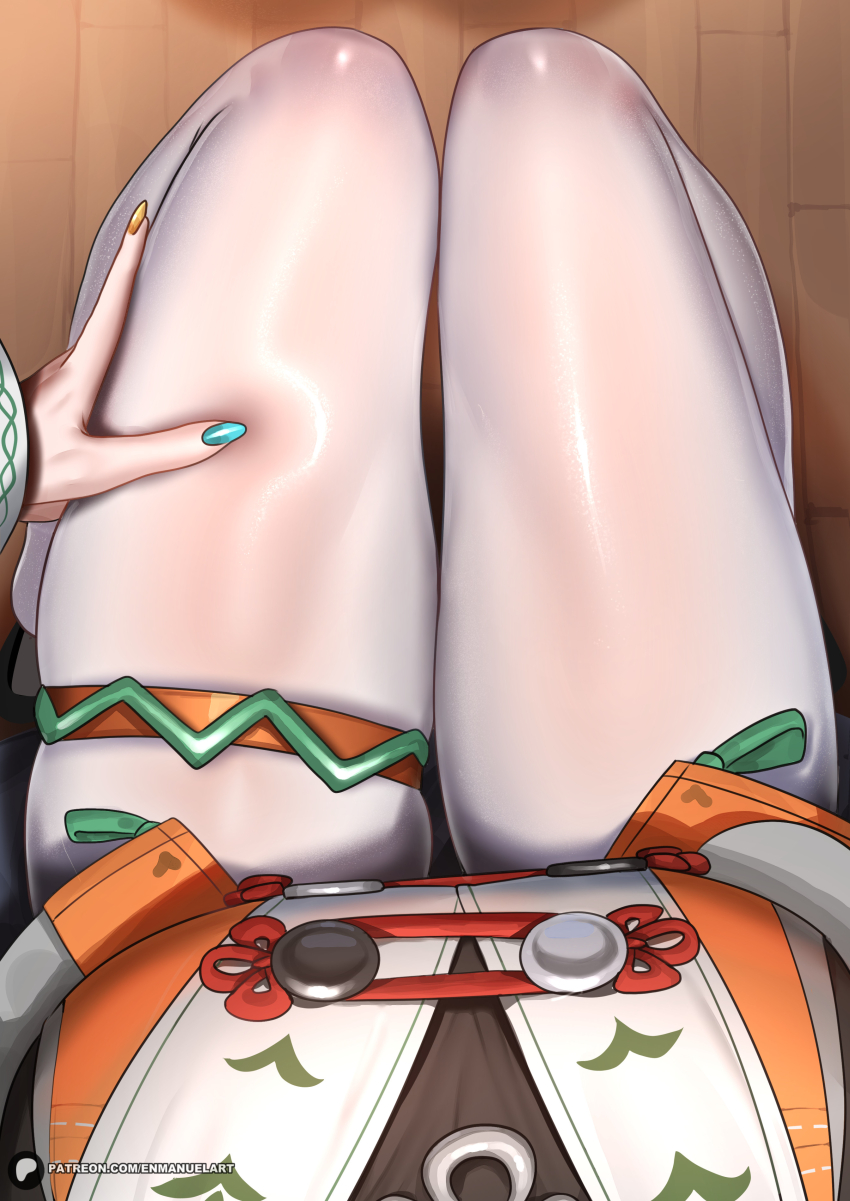 1girl absurdres belle_(delicate_sunlight)_(zenless_zone_zero) belle_(zenless_zone_zero) breasts commentary english_commentary enma_(enmanuelart) female_pov highres multicolored_nails official_alternate_costume pantyhose patreon_username pov solo thigh_focus thigh_strap thighs white_pantyhose zenless_zone_zero
