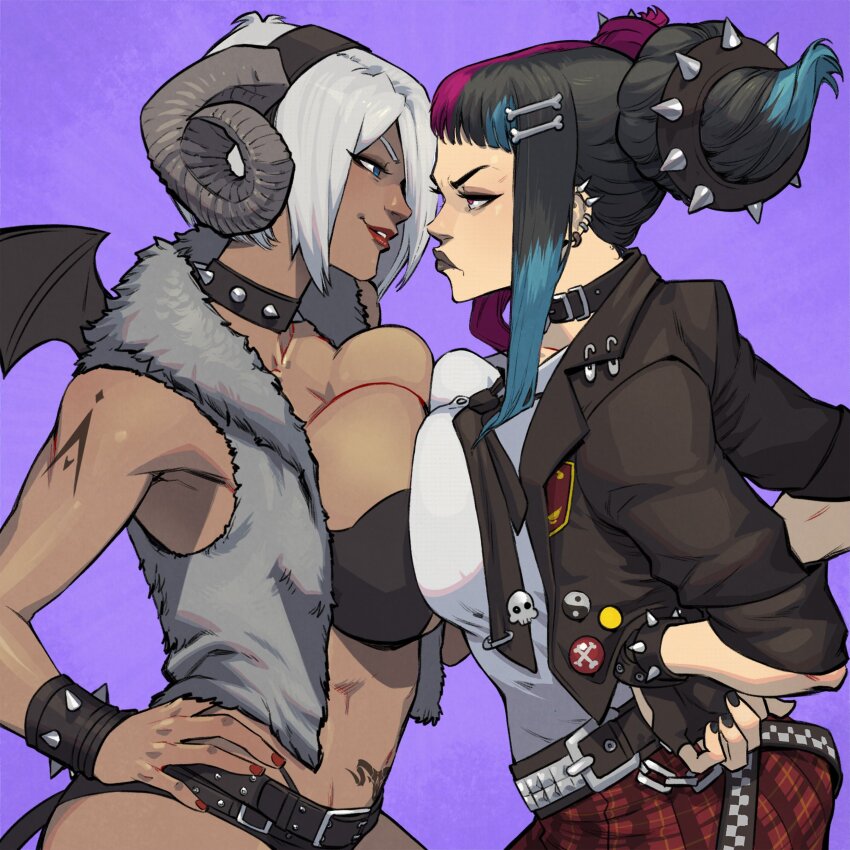 2girls absurdres angel_(kof) asymmetrical_docking belt black_collar black_hair black_jacket black_nails black_necktie blue_hair bone_hair_ornament breast_contest breast_press breasts collar commentary_request confrontation cowboy_shot danusko demon_horns demon_tail demon_wings english_text face_piercing faceoff fingerless_gloves fur_jacket gloves grin hair_horns hair_ornament han_juri hand_on_own_hip highres horns jacket lip_piercing loose_necktie micro_shorts miniskirt multicolored_hair multiple_girls necktie official_alternate_costume paint_splatter piercing pink_hair plaid_clothes plaid_skirt pleated_skirt pubic_tattoo red_hair rivalry safety_pin school_uniform second-party_source shorts skirt smile sparkle spiked_collar spikes stare_down street_fighter tail tan tattoo the_king_of_fighters white_hair wings yin_yang