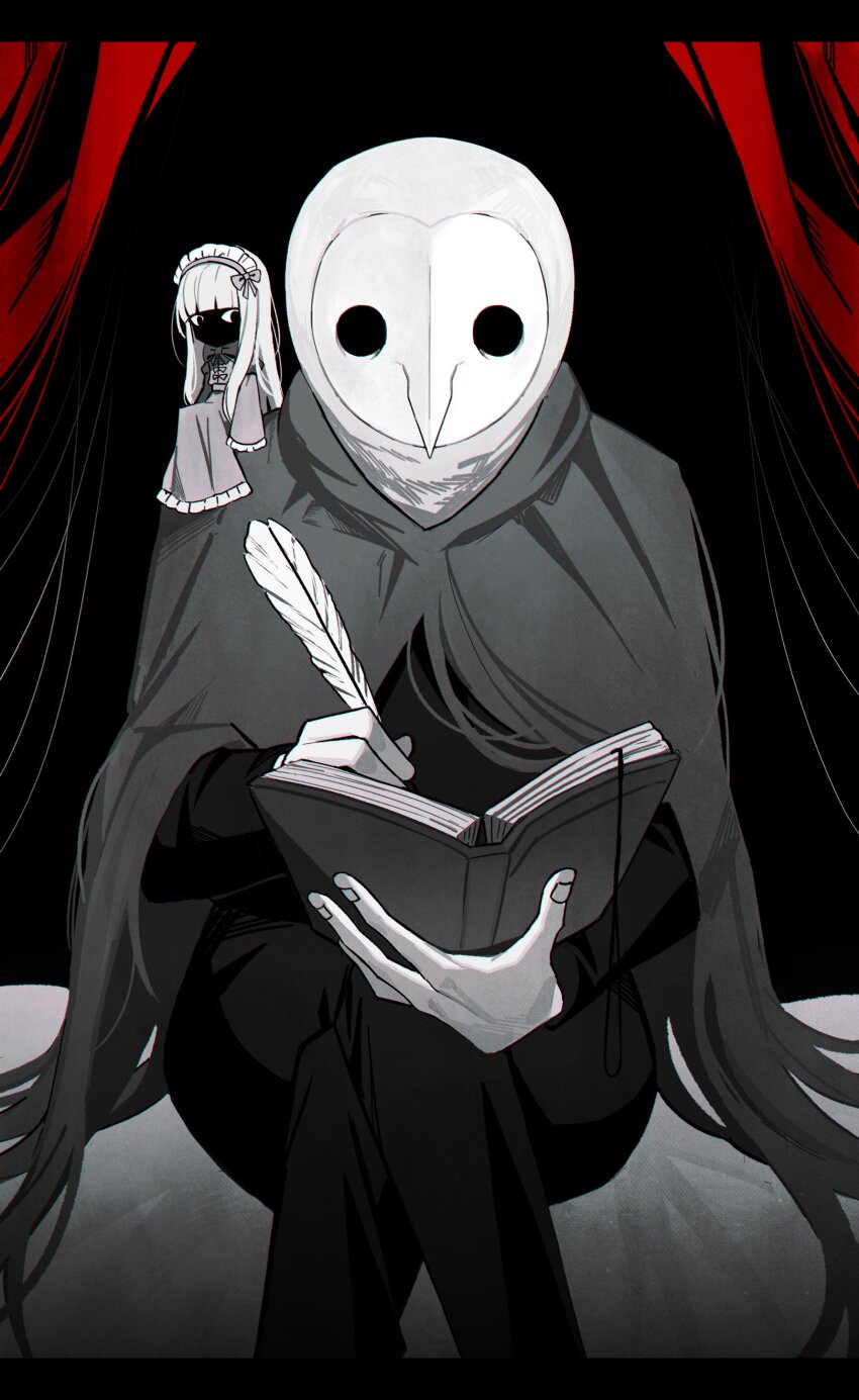 1boy 1girl absurdres alice_(black_souls) animal_head asdf1211950 black_jacket black_pants black_souls black_souls_2 book cape crossed_legs doll_alice_(black_souls) feathers grey_cape highres holding holding_book holding_quill jacket long_sleeves lorde_(black_souls) mini_person mini_person_on_shoulder minigirl owl_boy pants quill sitting