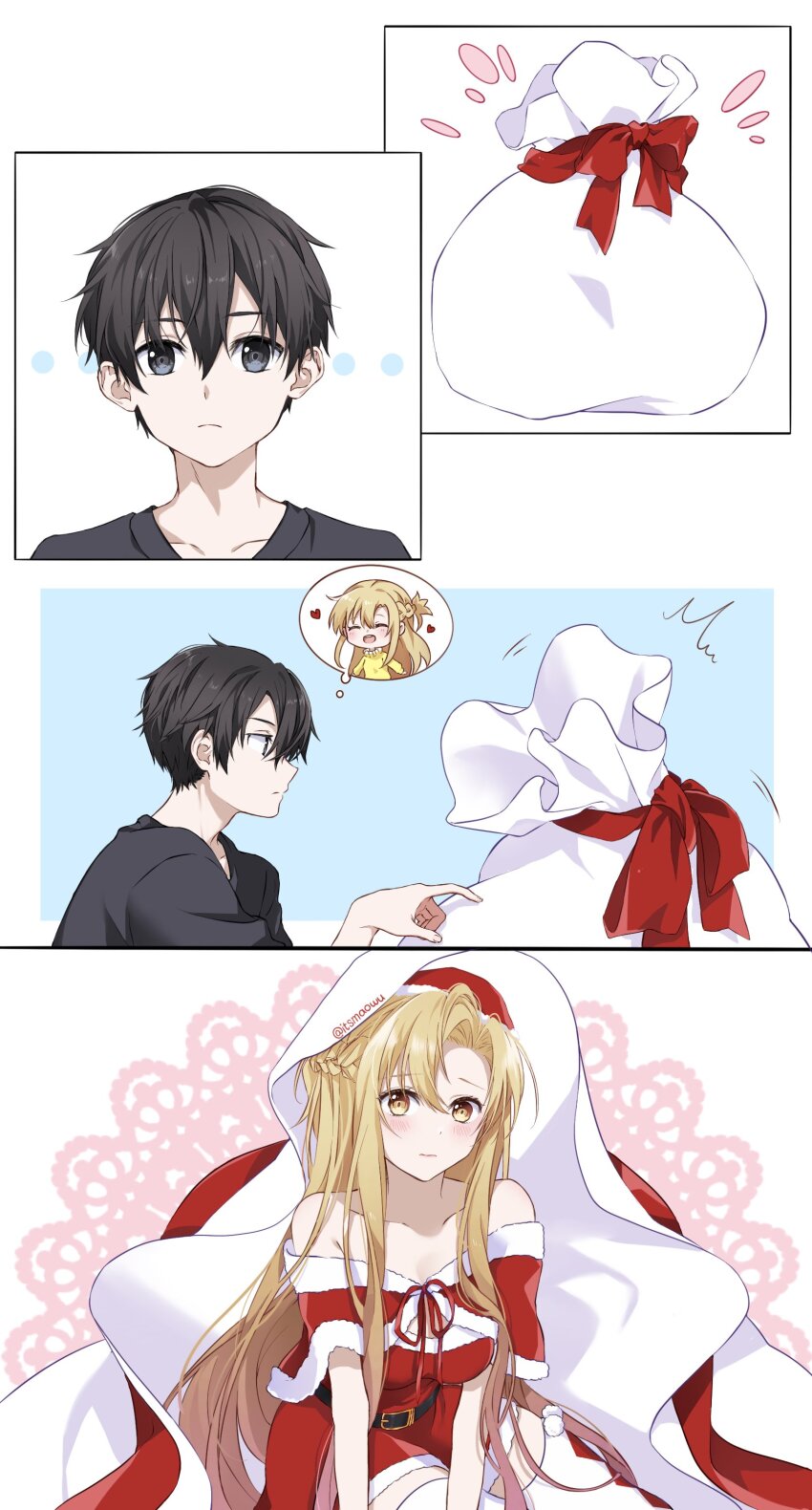 1boy 1girl absurdres artist_name asuna_(sao) bare_shoulders belt black_eyes black_hair black_shirt blue_background blush bow bowtie braid breasts brown_eyes brown_hair capelet christmas christmas_present collarbone crown_braid dress embarrassed fur-trimmed_capelet fur-trimmed_dress fur-trimmed_hat fur-trimmed_headwear fur_trim gift hair_between_eyes hat highres istriri kirito lace legs legs_together long_hair looking_ahead looking_at_another looking_at_viewer medium_breasts multicolored_hair multiple_views patterned_background poking presenting red_background red_bow red_bowtie red_dress red_ribbon ribbon santa_bag santa_capelet santa_costume santa_dress santa_hat shirt short_hair short_sleeves sidelocks simple_background sword_art_online thighhighs thighs two-tone_hair very_long_hair white_background white_thighhighs