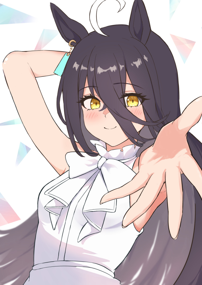 1girl ahoge animal_ears arm_up black_hair blush bow bowtie breasts closed_mouth dress ear_tag earrings hair_between_eyes hand_up highres hojichabu horse_ears horse_girl jewelry long_bangs long_hair long_hair_between_eyes manhattan_cafe_(umamusume) multicolored_hair reaching reaching_towards_viewer single_earring sleeveless sleeveless_dress small_breasts smile solo umamusume very_long_hair white_bow white_bowtie white_dress white_hair yellow_eyes